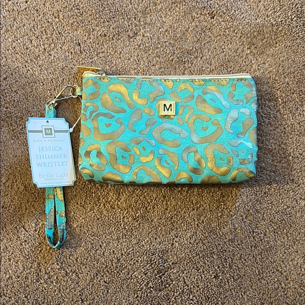 Jessica Gold and Blue Leopard Wristlet